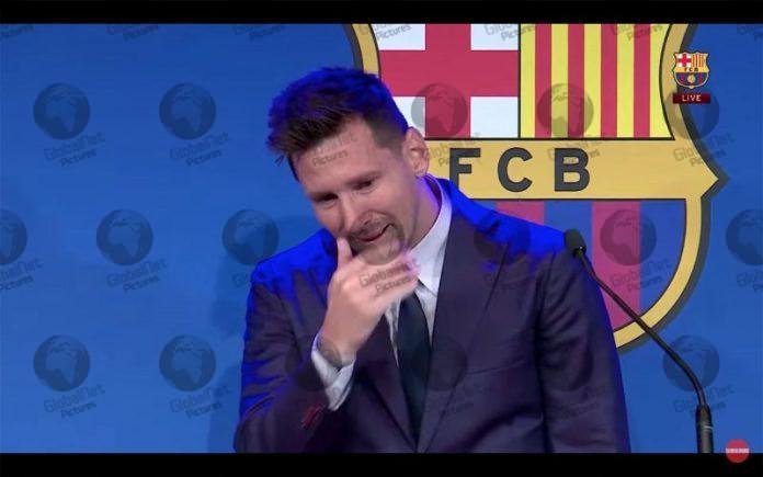 LIONEL MESSI IN TEARS AT NOU CAMP PRESS CONFERENCE ANNOUNCING HIS DEPARTURE FROM BARCELONA